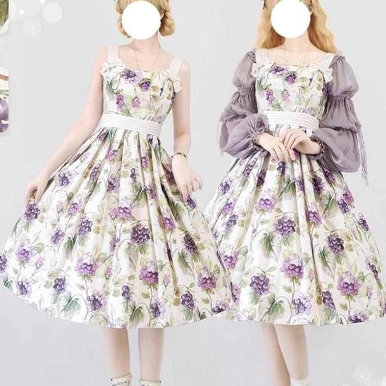 Violet tricolor print lolita JSK dress color variation styled with romantic accessories and pastel coordinate elements on model