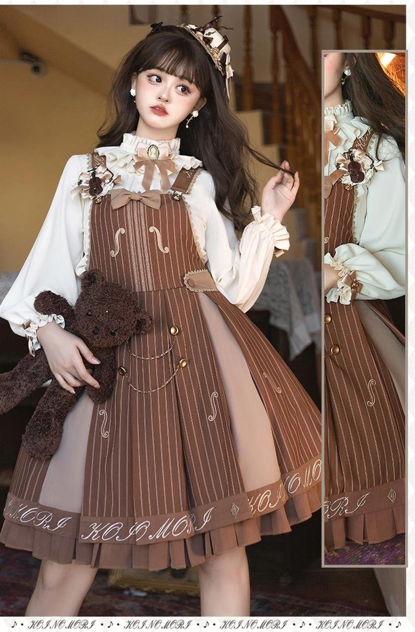 Crossbody sash accessory for violin preppy Lolita salopette set available in blue and brown colors with secure attachment hardware