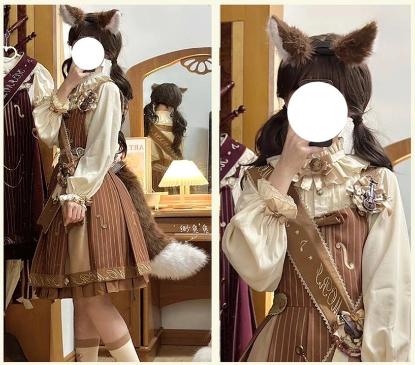 Double-breasted front construction detail of violin preppy Lolita salopette with button placement and structured bodice