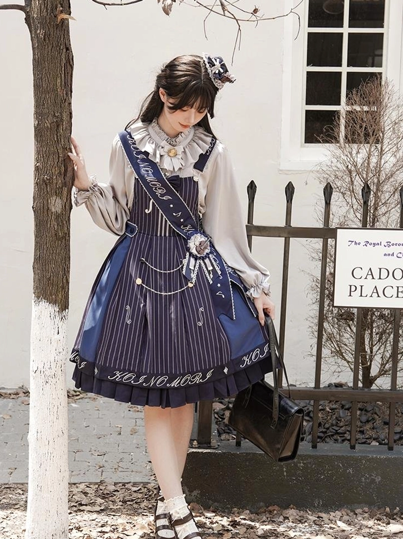 Violin preppy Lolita salopette back view detail showing shirring waist construction removable bow neckline and structural design elements