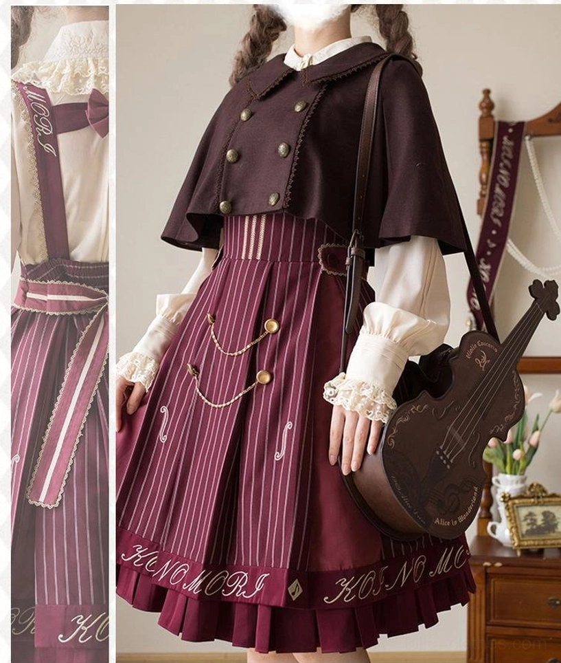 Violin preppy Lolita full outfit ensemble with short double-breasted cape lace-cuffed puff sleeve blouse musical note chain decoration and adjustable suspenders