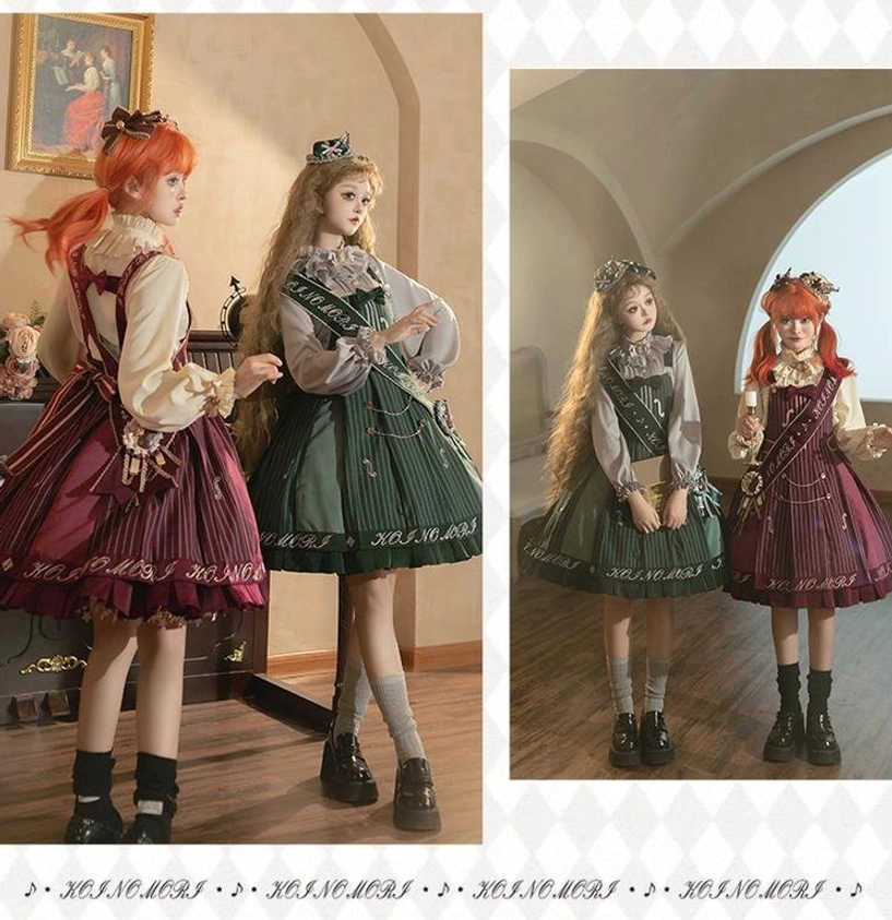Split composition showing side-back group shot and single model full side view of violin preppy Lolita dress set in archway vintage scene with brand embroidery