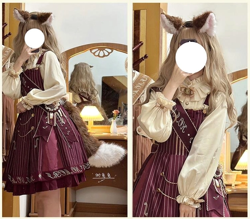 Neckline and removable bow detail of violin preppy Lolita salopette showing versatile styling options