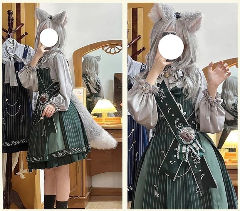 Ruffled hem edge close-up of violin preppy Lolita salopette showing gathered ruffles romantic vintage detail