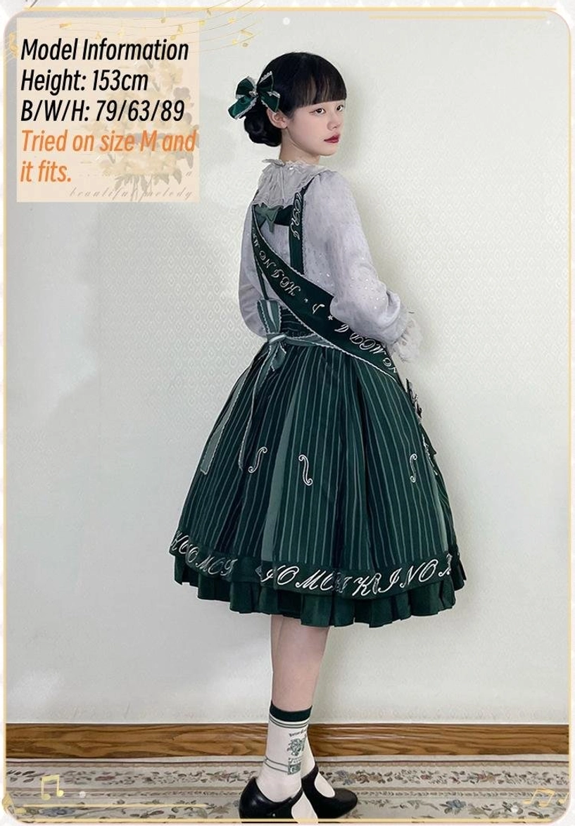 Violin preppy Lolita salopette sizing guide measurements chart for small medium large extra large with height and waist specifications