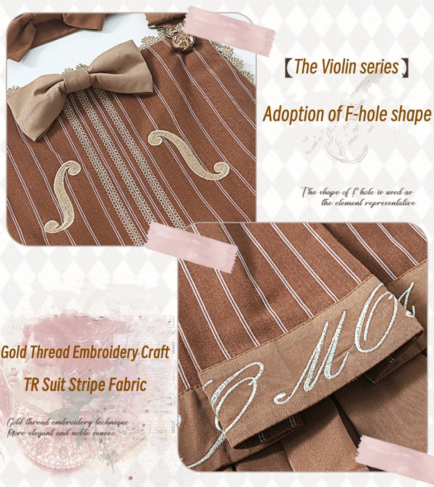 Waist pocket detail of violin preppy Lolita salopette showing single-side functional design practical styling