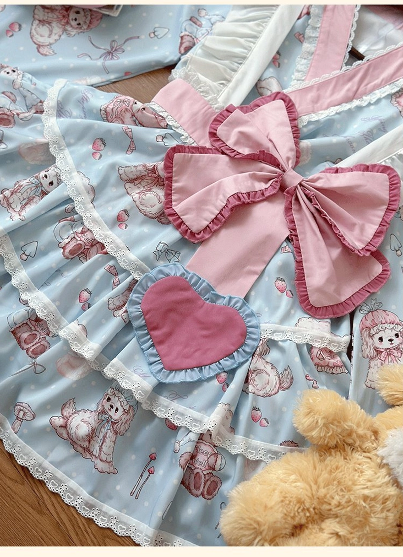 Wa lolita dress coordinate styling guide showing accessory customization options, waistband shoulder straps and bow tie color selection combinations for personalized kawaii moe bear aesthetic