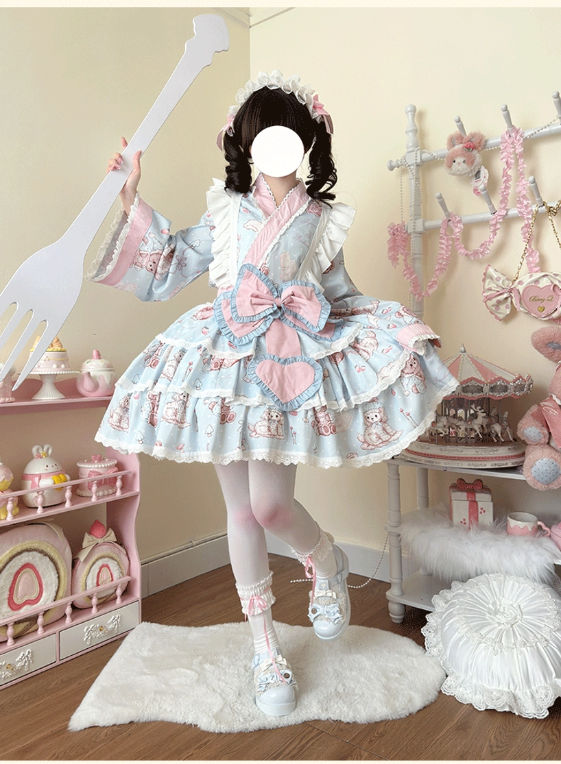 Japanese inspired wa lolita dress set with cute bear and dessert prints, model in three-quarter stance showing generous kimono sleeves and frilled skirt tiers, pastel bedroom tea party aesthetic