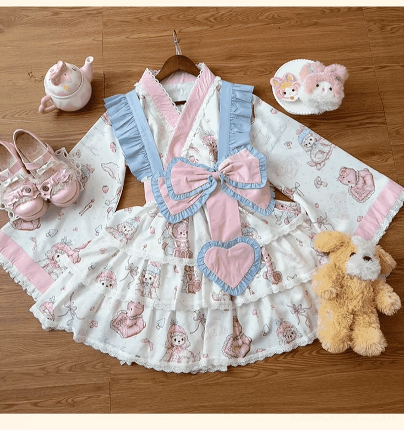 Wa lolita dress fabric care instructions and maintenance guide, TR twill material properties, hand washing and hang dry recommendations for longevity and color preservation of bear print and lace details