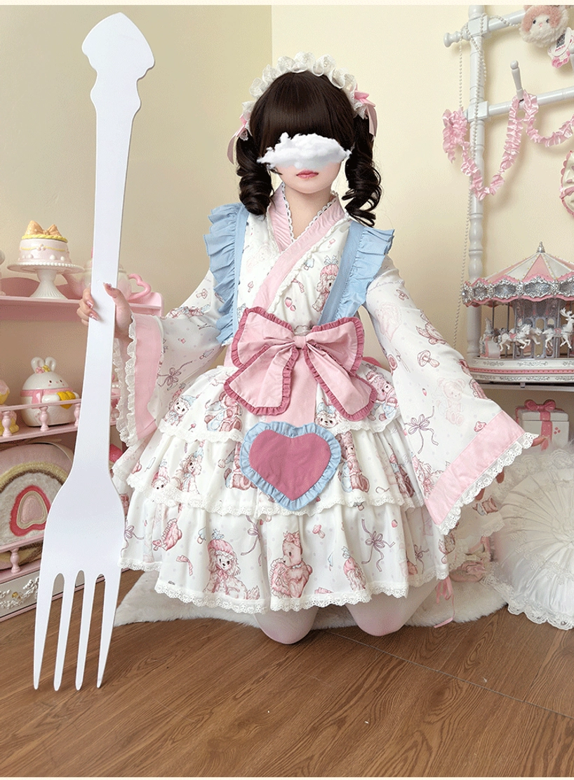 White-pink wa lolita dress set full-body standing pose with oversized fork prop, model holding playful styling prop in pastel bedroom, showcasing wide kimono sleeves, heart-shaped chest decoration, ruffled skirt details