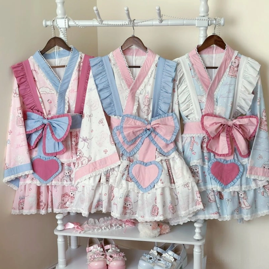 Modular wa lolita dress accessory set components display, featuring interchangeable waistband shoulder straps and large bow tie in blue white and light pink color options for complete coordinate assembly