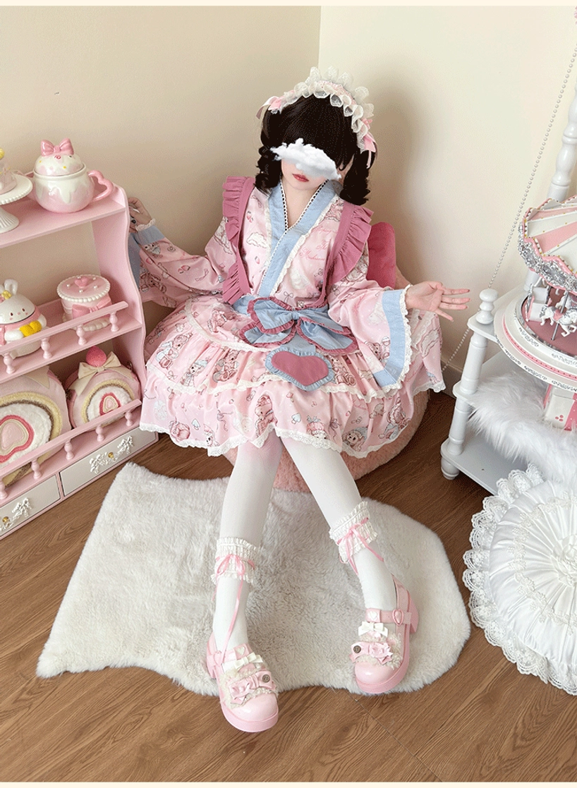 Wa lolita dress set seated relaxed pose on fluffy fur, showing pink leather shoes and frilled ankle socks, decorative frilled hair accessories, charming three-tiered ruffled skirt with lace trim details