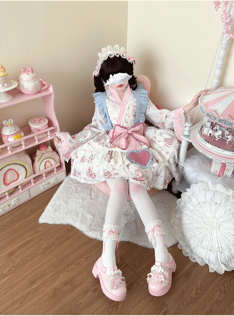 Plus-size wa lolita dress ensemble seated side view on fluffy fur rug, showing tiered ruffled skirt construction, frilled ankle socks, coordinated pink leather footwear and hair headband accessories