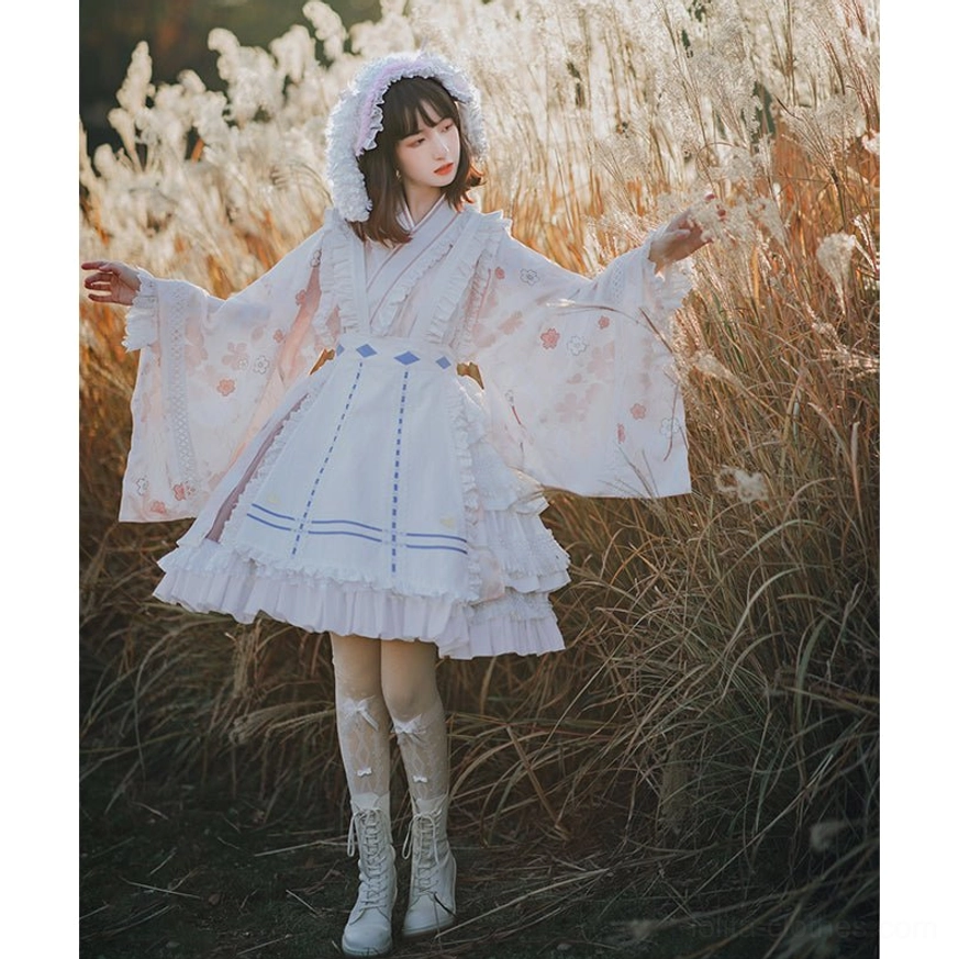 Kimono Lolita OP dress with white base, pink floral print and blue stripe apron overlay, full front body view in sunset reed field with wide bell sleeves, ruffled skirt hem and furry hooded headwear