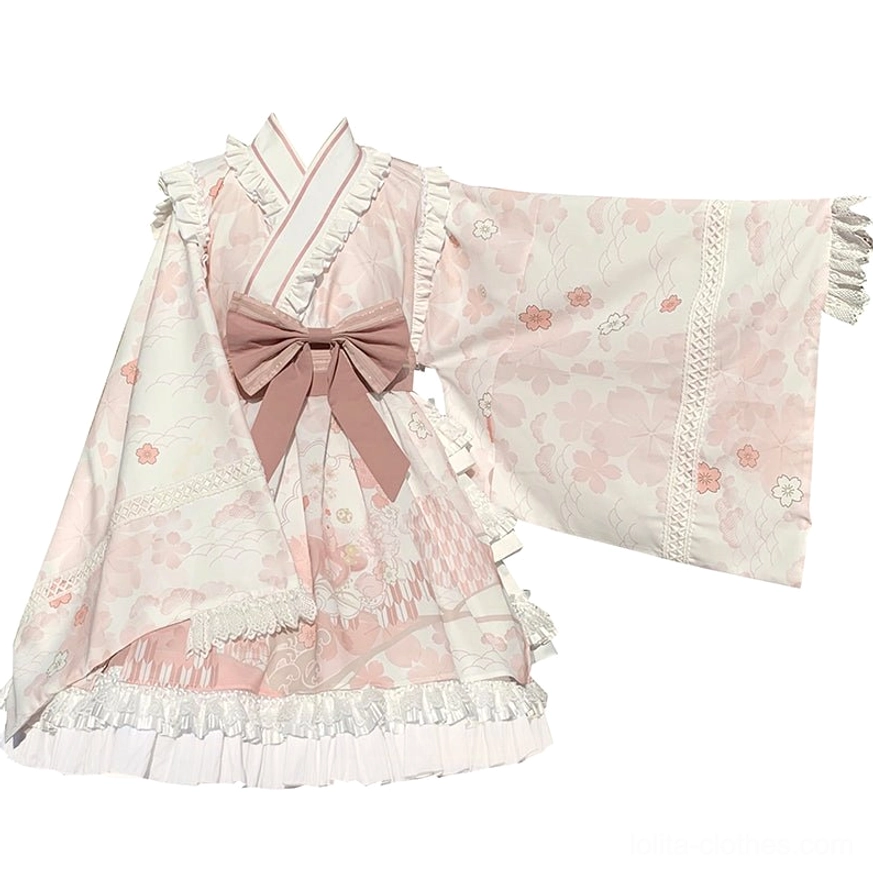 Wa Lolita OP dress complete outfit view in pink cherry blossom and white colorway, demonstrating styling versatility with traditional geta wooden clogs and tabi split-toe socks for authentic cultural aesthetic
