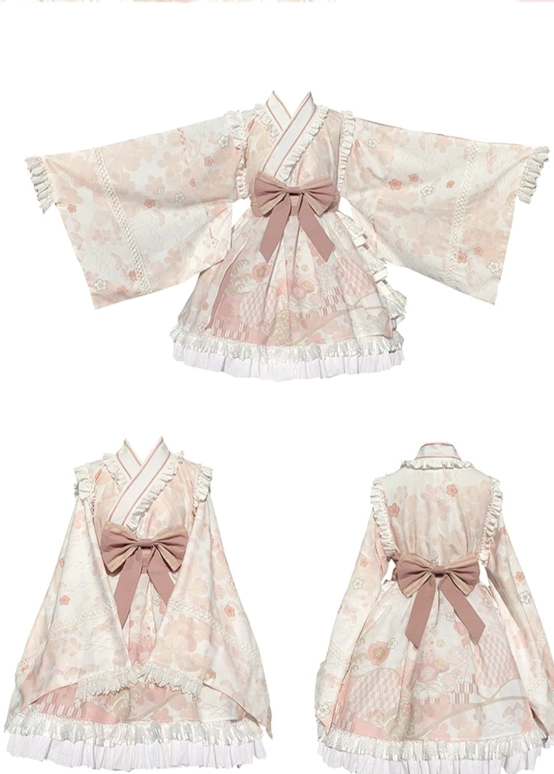 Wa Lolita OP dress cherry blossom and rabbit print detail shot, showcasing intricate embroidered motifs, pink-white color scheme, high-waisted V-neckline bodice construction and ruffled hem layering