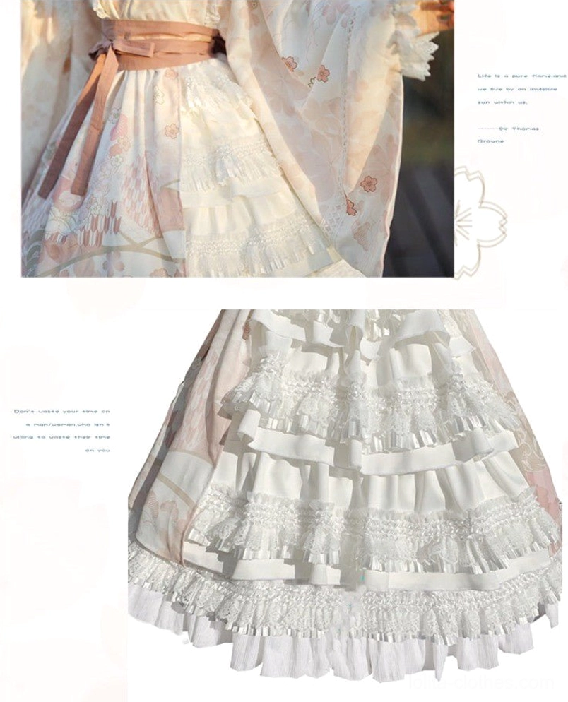 Wa Lolita OP dress layering with petticoat showing voluminous ruffled skirt silhouette and structural design with high-waisted bodice, demonstrating proper fit and silhouette enhancement