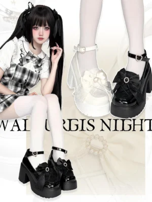 Walpurgis Night chunky platform lolita heels multi-angle view featuring patent leather upper with gem-inlaid lace bow decoration, ankle buckle strap, and thick block heel worn with black-white gingham lolita coordinate