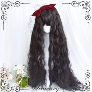 Waltz black lolita long curly wig with fluffy bangs front flat display retro floral decoration