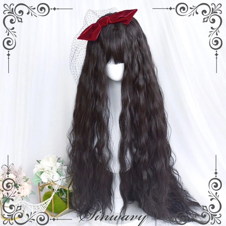 Waltz black lolita long curly wig with fluffy bangs front flat display retro floral decoration