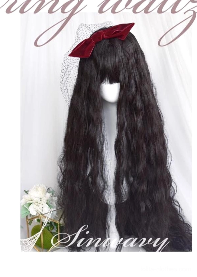 Waltz black curly lolita wig close-up front view fluffy bangs texture detail