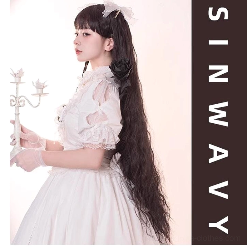 Model wearing black waltz lolita long curly wig right side view water-wave curls