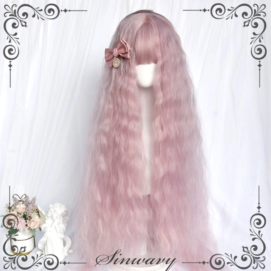 Waltz pink gradient lolita long curly wig front display with pink bow accessory