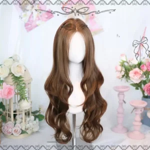 Straight-on full front display of warm brown synthetic curly Lolita wig on mannequin featuring voluminous loose waves, middle split part, and natural honey-brown hair tone in pastel romantic floral studio setting