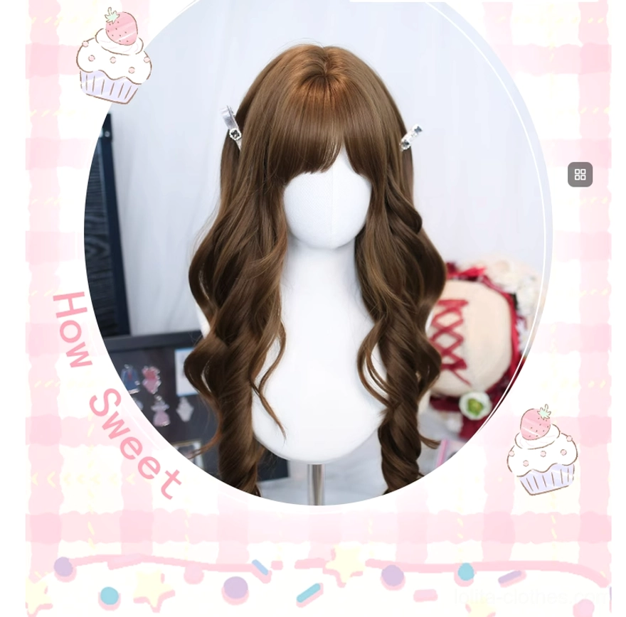 Warm brown long curly Lolita wig displayed in circular frame with pink gingham background dessert decorations and how sweet text overlay