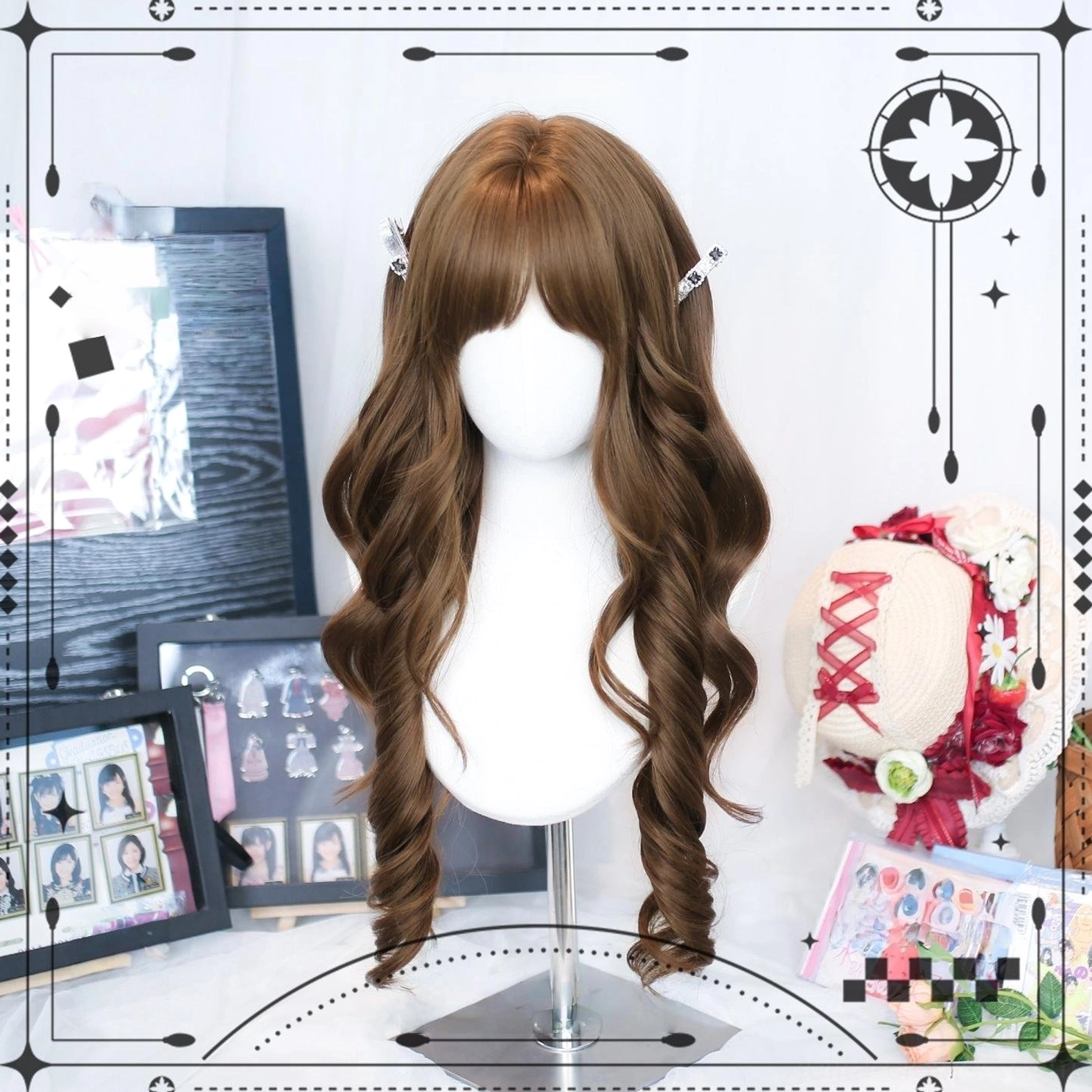 Light warm brown long curly Lolita wig front profile showing loose wavy curls air bangs and side hair clips against sweet lolita background