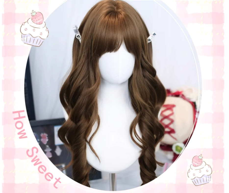 Warm brown long curly Lolita wig in circular cute frame design pink gingham background with sweet dessert themed decorations how sweet text