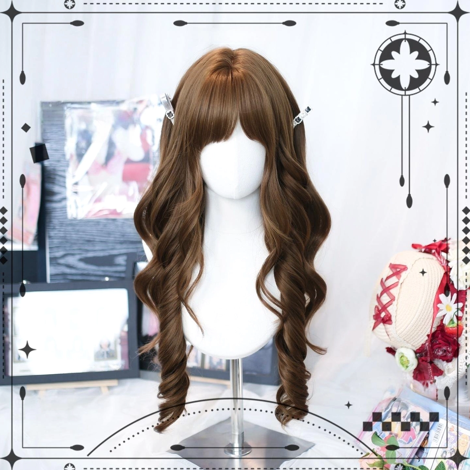 Warm brown long curly Lolita wig with wispy air bangs displayed on mannequin head featuring sweet lolita style props and side hair clips