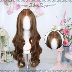 Warm brown long curly Lolita fashion wig displayed on mannequin with middle hair parting, showing full front view with close-up inset of natural hair texture and decorative crown clips against romantic pastel floral backdrop