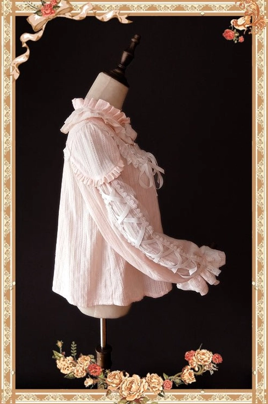 Warm Tea ribbon cross lolita blouse back view showing ruffled collar and sleeve cuff construction with lace trim details