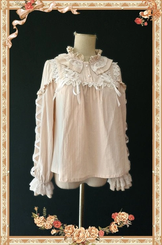 Warm Tea light beige sweet lolita blouse front display with ruffled stand collar lace chest frills and loose ruffled sleeves