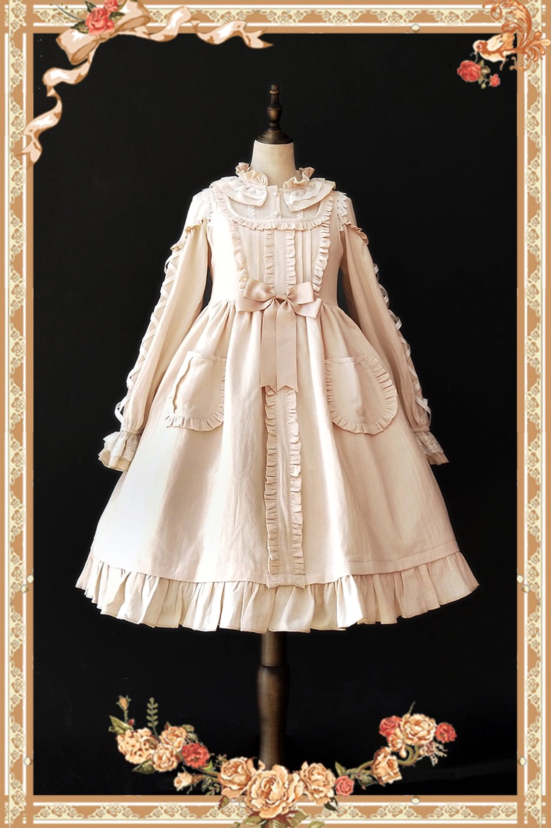 Warm Tea long-sleeve lolita blouse multiple color variations comparison white black pink and beige ribbon cross design