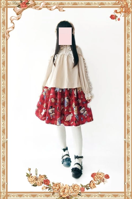 Sweet lolita coordinate complete look with Warm Tea beige ribbon cross blouse paired with red printed skirt on human model