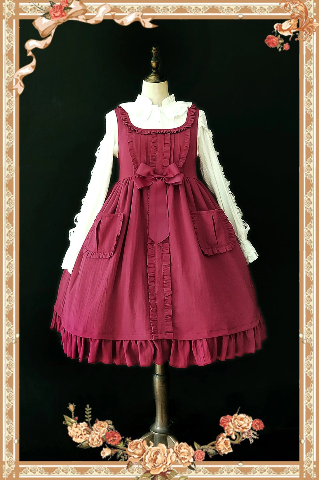 Warm Tea ribbon cross lolita blouse detail shot showcasing hollow stripe cotton fabric texture ruffled elements and lace trim