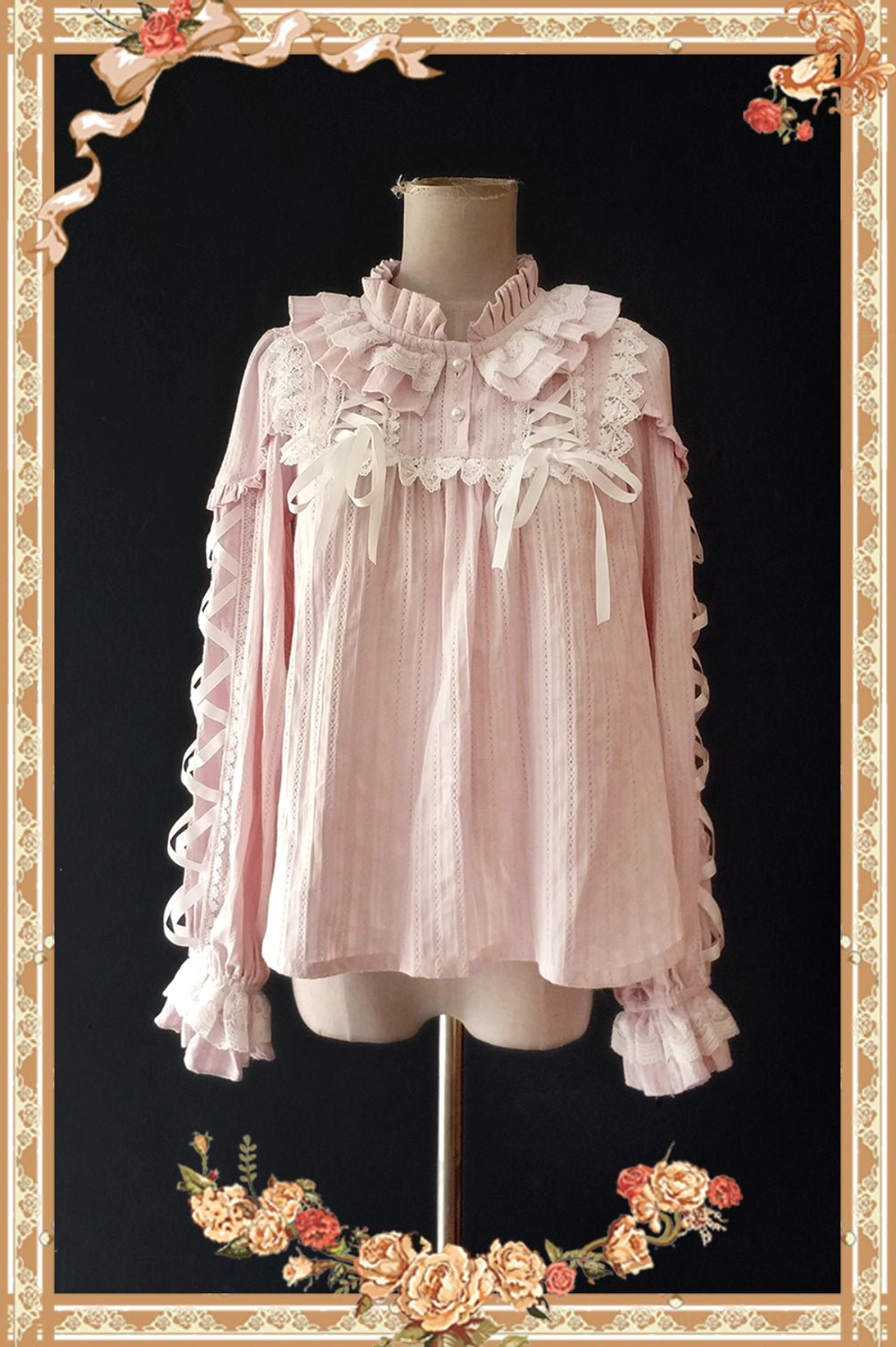 Warm Tea pink sweet lolita ribbon cross blouse front display with ruffled stand collar lace chest yoke and flared ruffled sleeves