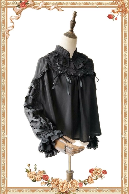 Warm Tea sweet lolita ribbon cross blouse styling inspiration with vintage aesthetic framing and decorative elements