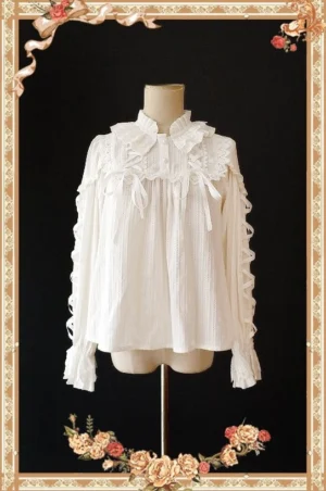 Warm Tea white ribbon cross lolita blouse front view on dress form with ruffled collar lace trim and puff sleeves