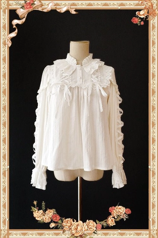 Warm Tea white ribbon cross lolita blouse front view on dress form with ruffled collar lace trim and puff sleeves
