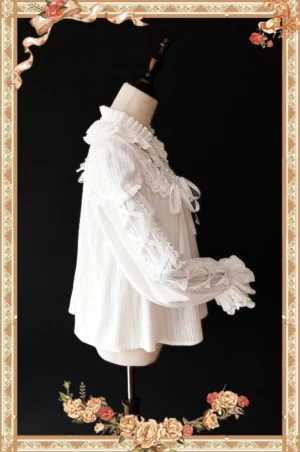 Warm Tea white long-sleeve lolita blouse side profile with crisscross ribbon straps puff sleeves and lace chest decoration