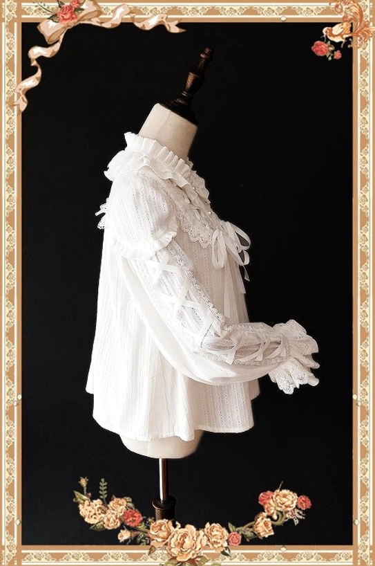 Warm Tea white long-sleeve lolita blouse side profile with crisscross ribbon straps puff sleeves and lace chest decoration