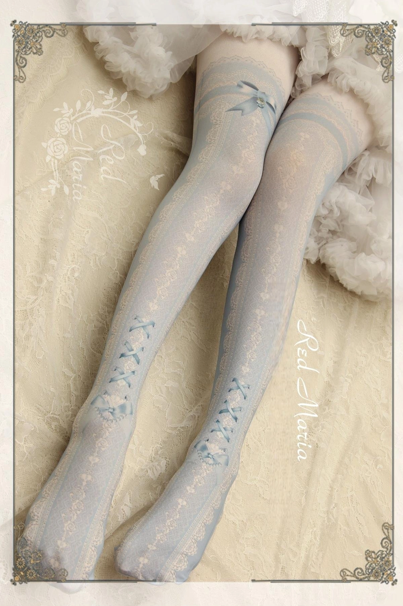 Water blue lace printed lolita over-the-knee tights with off-white lace pattern and bow details