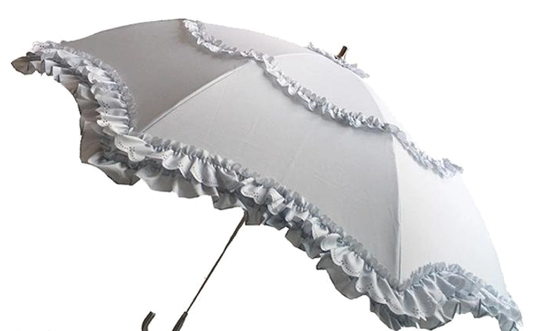 Water blue Lolita parasol with light blue ruffled lace trim and gradient gray-white two-tone canopy