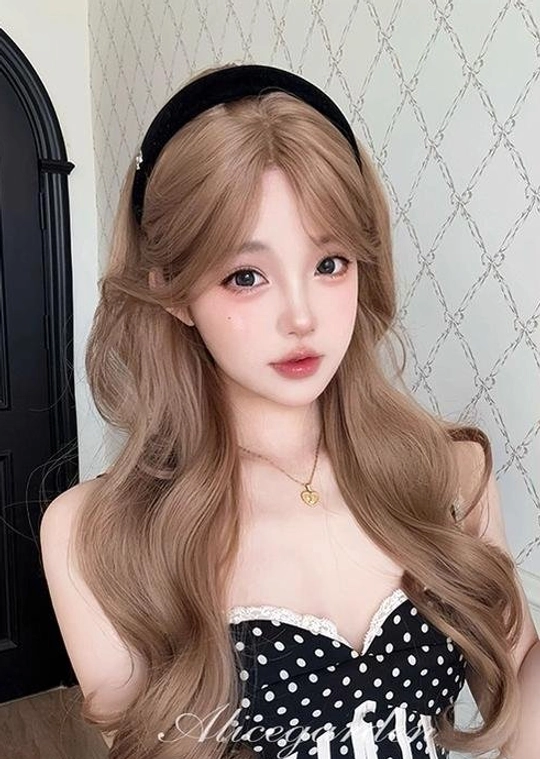 Long wavy blonde lolita wig three-quarter front portrait face-framing curly hair strands polka dot dress black headband gold pendant necklace