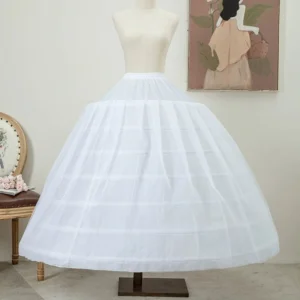 Wedding lolita high-volume petticoat full front view on dress form showing complete A-line silhouette with 7-hoop bone support and pure white tulle fabric