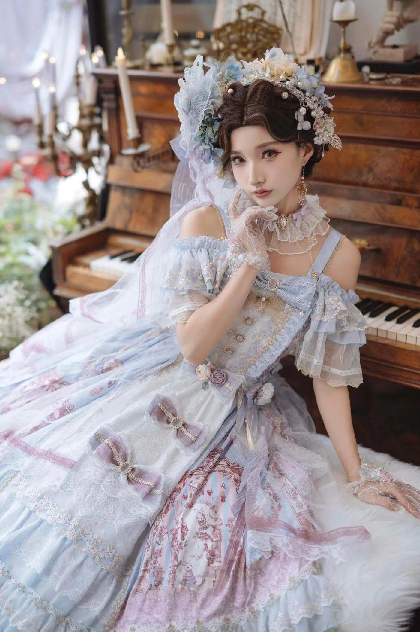 Wedding Lolita JSK dress full set components including jumper skirt bows veil and accessories displayed flat lay arrangement