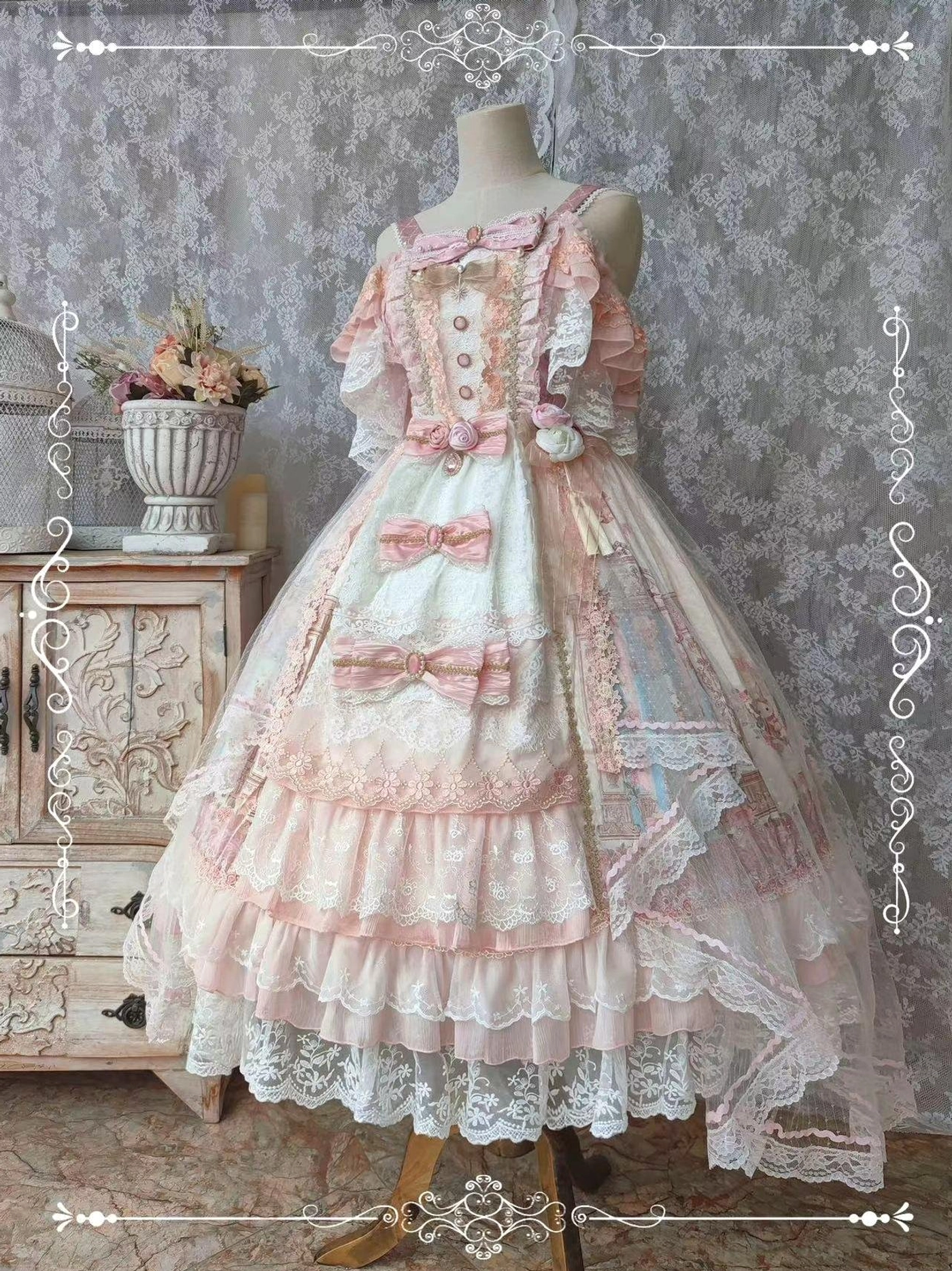 Wedding Lolita JSK dress available in pink and light blue color options size comparison